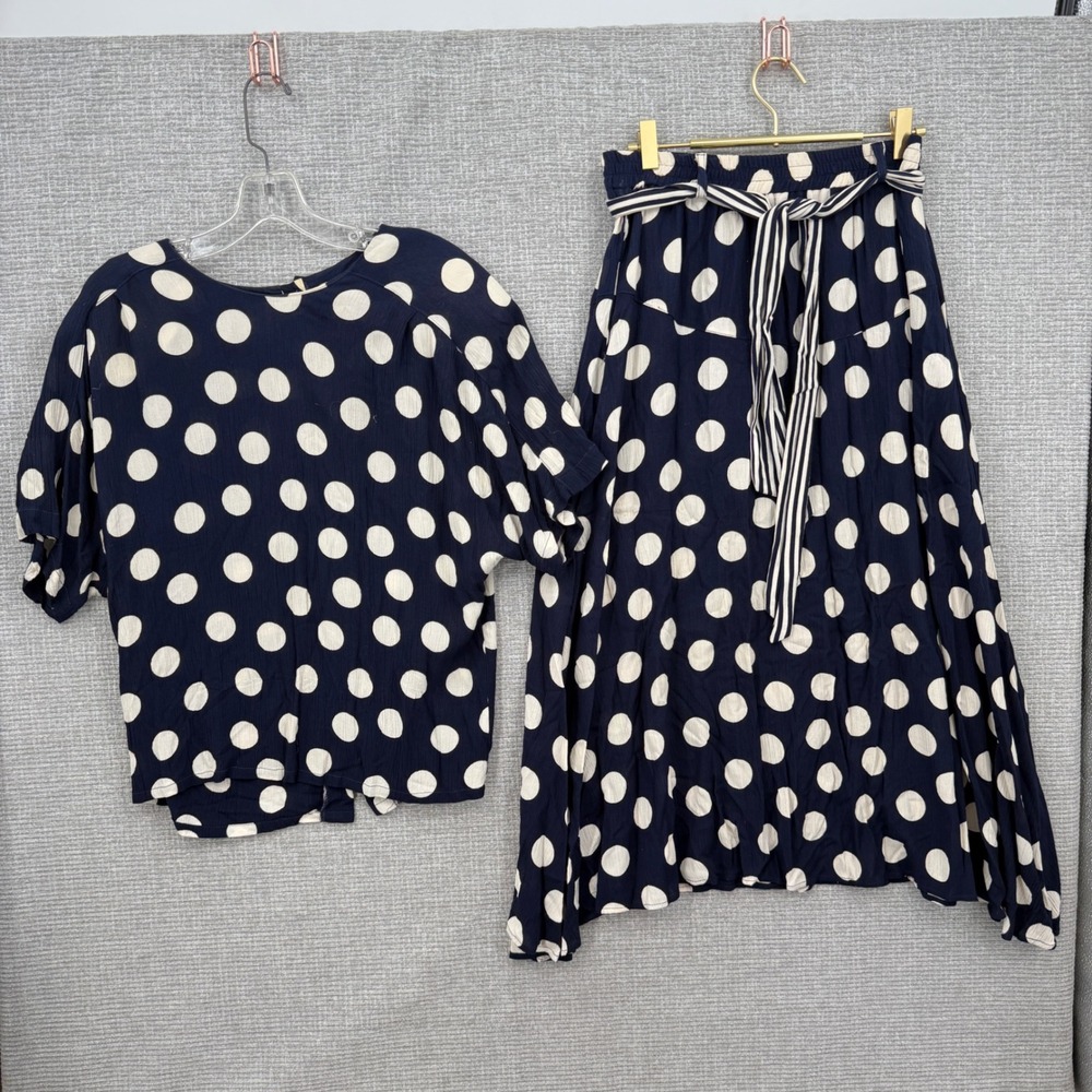 Vtg Baronesa Polka Dot Skirt Set Women 8 Navy Blue Boho